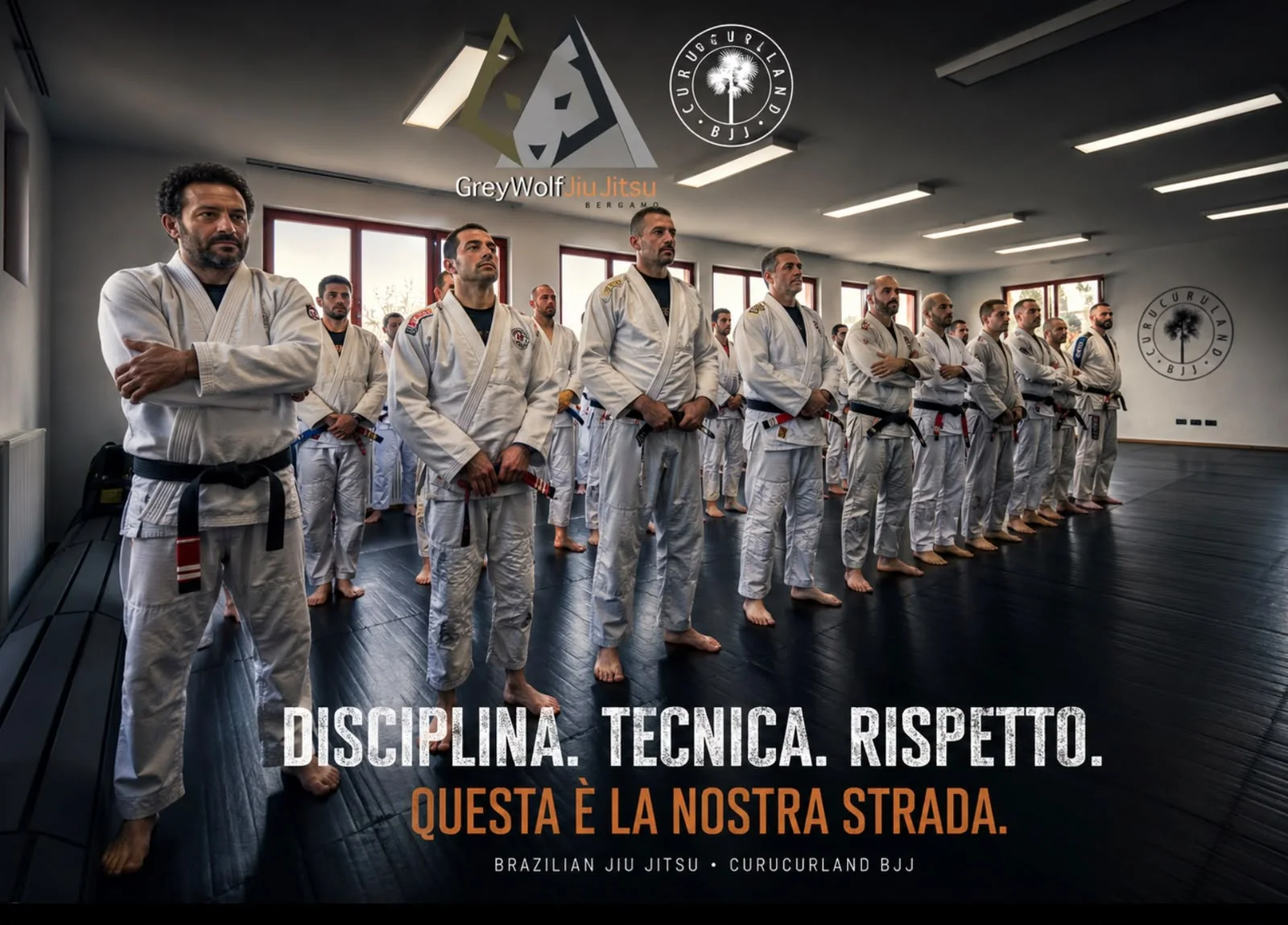 Praticanti Grey Wolf in accademia con il messaggio disciplina, tecnica e rispetto